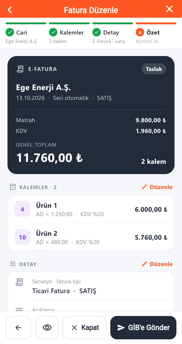 Faturatek mobil fatura oluşturma ekranı